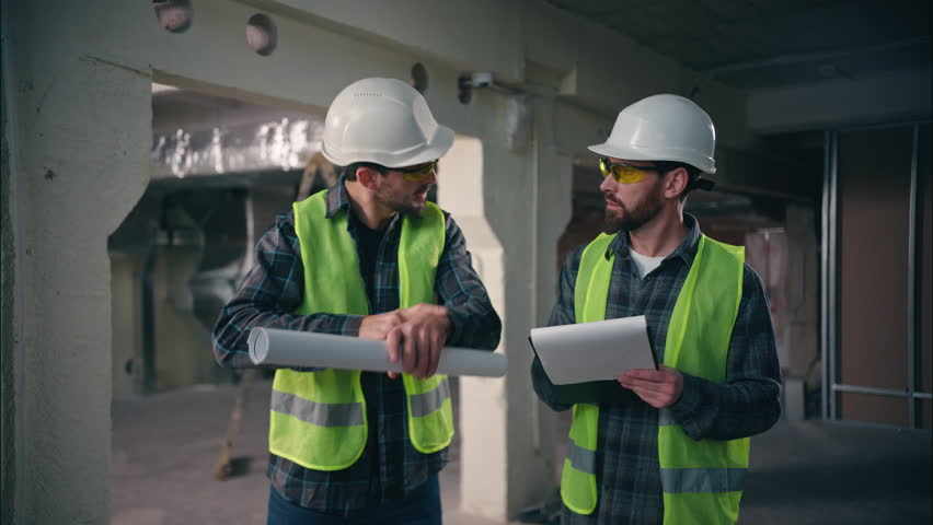 Angry nervous foreman inspector showing hand watch time worker employee late build deadline two Caucasian men males workers guys engineers contractors builders problem loss construction project plan