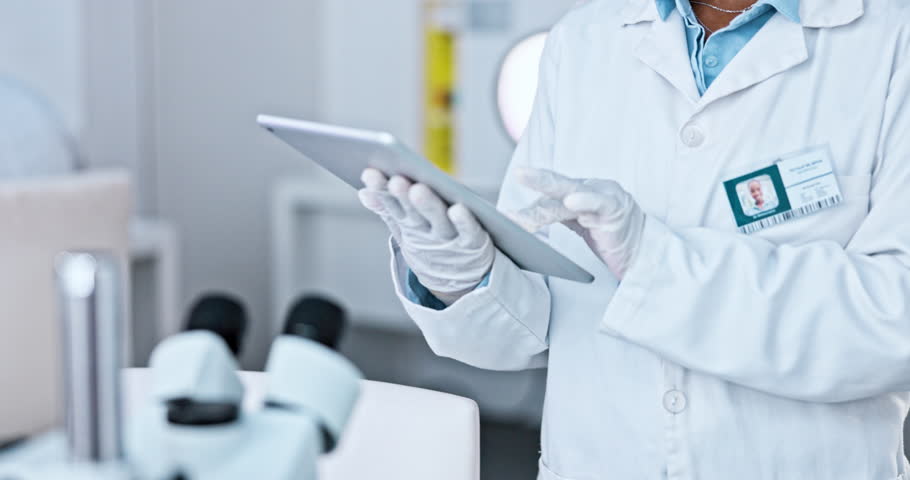 Person, scientist hands and tablet with research, laboratory and digital study for healthcare science. Web, technology and bacteria testing for vaccine, drug trail and medical report in clinic
