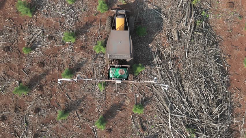 Top-down aerial view of a forestry machine spray the soil with poison on a deforested site.