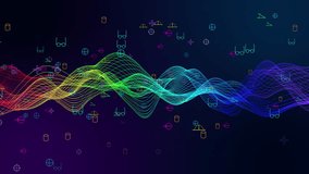 Abstract futuristic particle wave animation in human color spectrum against a blue violet gradient background with floating optometry and vision science symbols, eye diagnostics, biometric technology - Powered by Shutterstock - Get 15% off with code: PIKWIZARD15