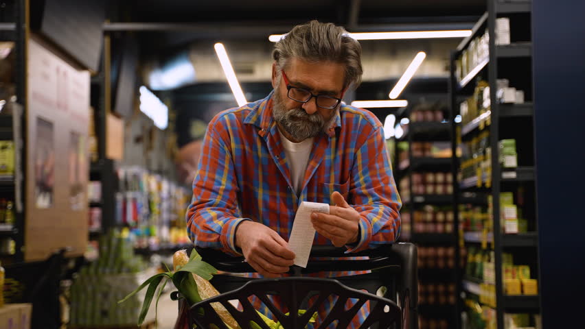 Senior man checking grocery receipt in supermarket aisle