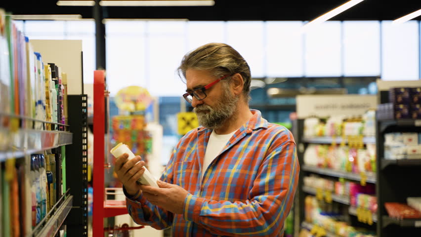 Senior man buying shampoo on sale in a supermarket
