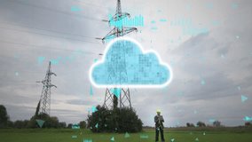 Electrical engineer near electricity pylon uploads data to cloud. Smart grid technology with 3D animation of digital cloud - Powered by Shutterstock - Get 15% off with code: PIKWIZARD15