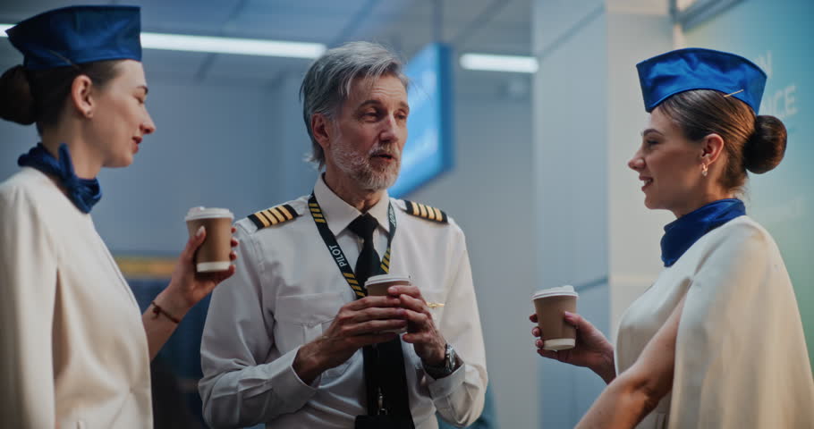 Flight Crew: Mature Airline Pilot Communicating with Two Beautiful Flight Attendants in Uniforms, Drinking Coffee, Waiting for Commercial Flight in Crowded International Airport Terminal. Slow Motion.