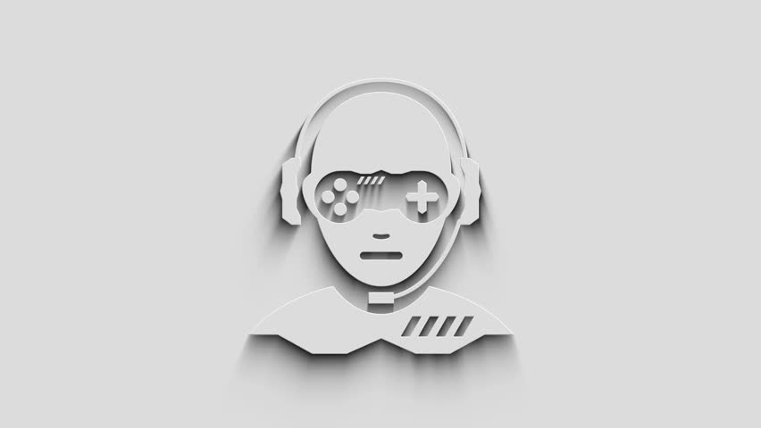 Gamer esport video game player head symbol with natural shadow. Cyber technology icon loopable and seamless abstract concept. 3d light and shade object.