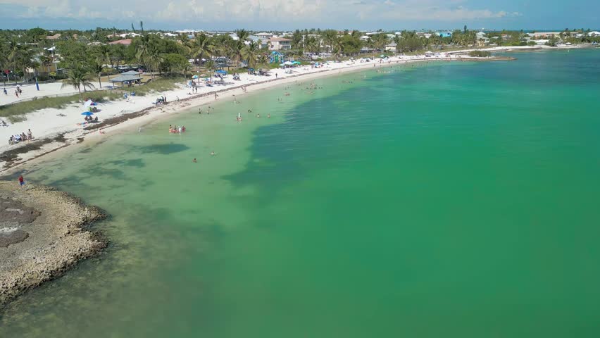Aerial view of Sombrero Beach with palm trees on the Florida Keys, Marathon, Florida, USA.