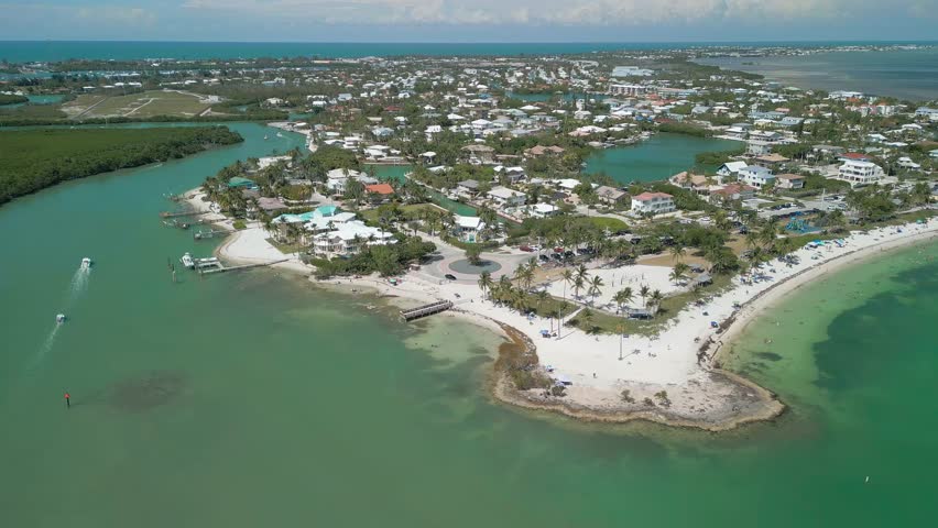 Aerial view of Sombrero Beach with palm trees on the Florida Keys, Marathon, Florida, USA.