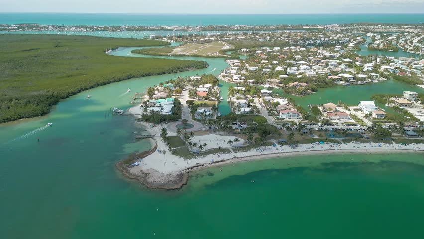 Aerial view of Sombrero Beach with palm trees on the Florida Keys, Marathon, Florida, USA.