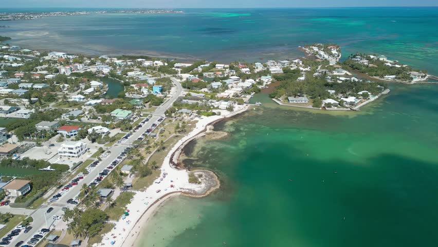 Aerial view of Sombrero Beach with palm trees on the Florida Keys, Marathon, Florida, USA.