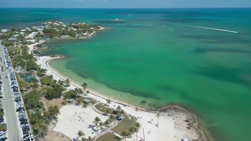 Aerial view of Sombrero Beach with palm trees on the Florida Keys, Marathon, Florida, USA.