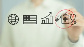 Business presentation about the growth of the medical data market in the united states, a businessman draws icons on a transparent screen, circling the medical data icon with a red marker - Powered by Shutterstock - Get 15% off with code: PIKWIZARD15