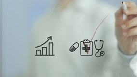 Professional businessman using transparent screen for drawing bar graph, demonstrating healthcare industry growth while eliminating medical icon with pill and stethoscope - Powered by Shutterstock - Get 15% off with code: PIKWIZARD15