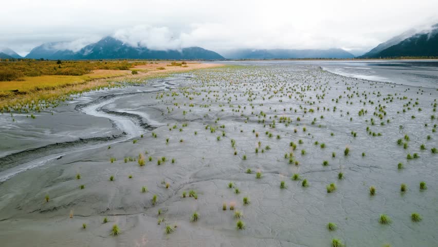 Aerial view of mud flats at Turnagain arm along Seward highway in Alaska	