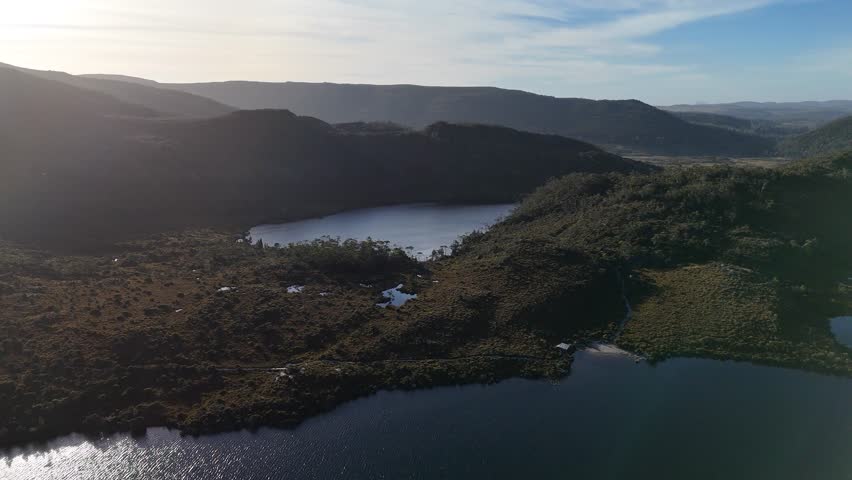 Aerial view over one of the crater lakes in the Cradle mountain range of Tasmania.