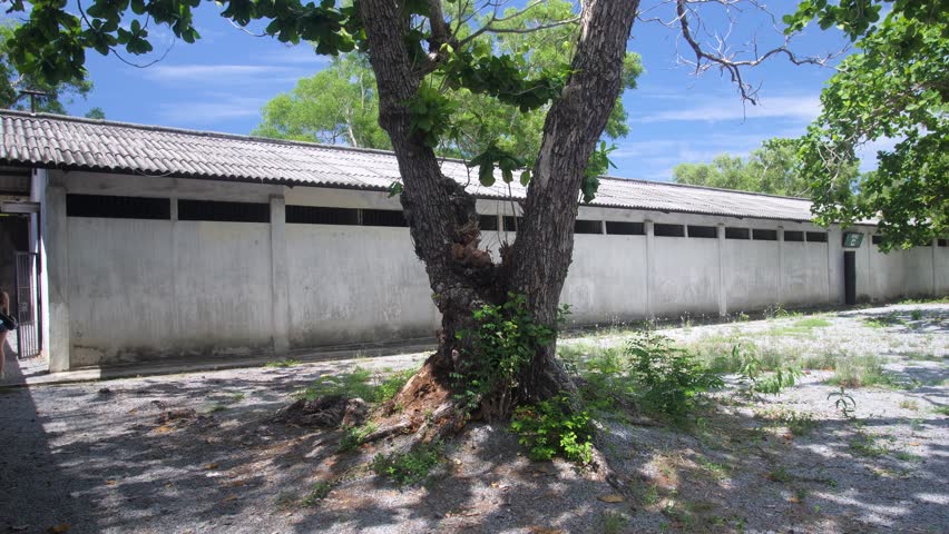 Historic Prison Vietnamese War facilities, island location, panning right