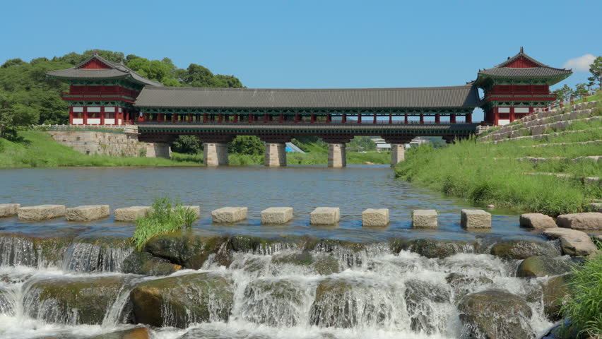 Woljeonggyo Bridge and Namcheon Stream Daytime on Summer Day At Gyeongju city, Gyeongsangbuk-do, South Korea - low angle view