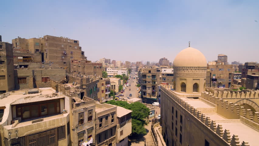 City View From Ibn Tulun Mosque Minaret During Sunny Day In Cairo, Egypt. Aerial Shot
