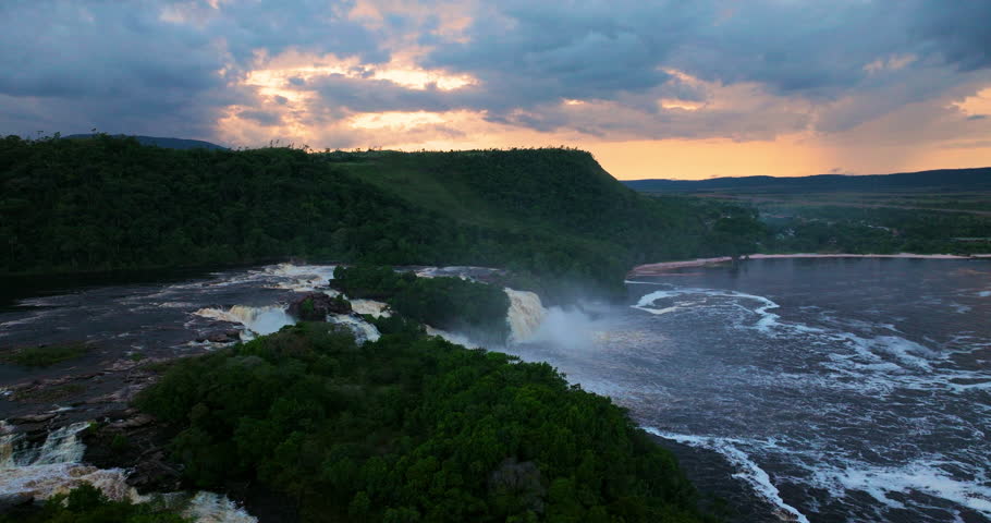 Panorama Of Waterfall Salto El Sapo In Canaima National Park During Sunset In Venezuela. Aerial Drone Shot
