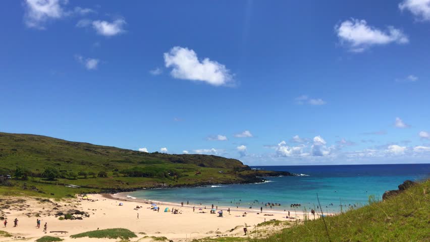 Anakena Beach under sunny blue summer sky. Anakena, also known as Haŋa rau o te 