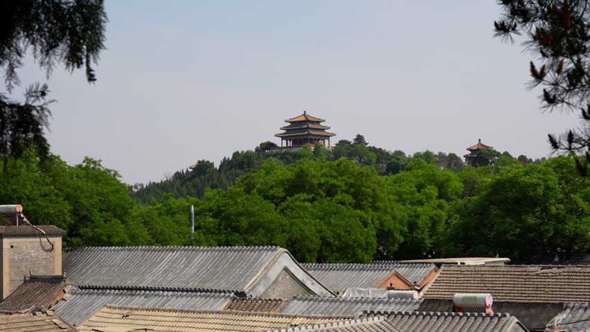 Wanchun Pavilion on the top of Jingshan Hill distant view from Jingshan Park, Beijing, China