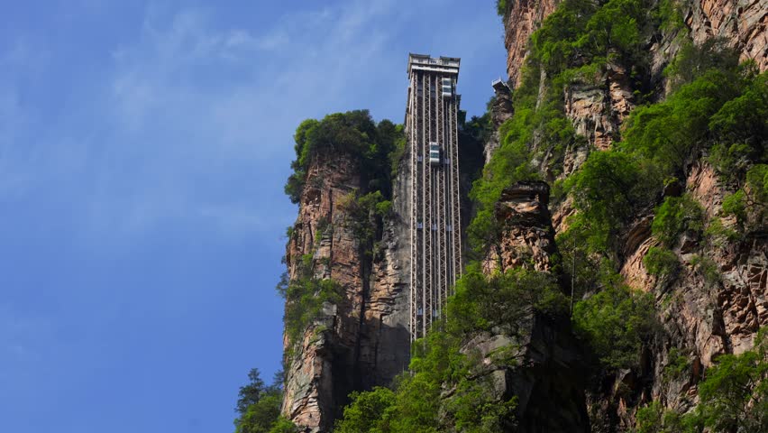 Bailong Elevator cabin going up and down in Zhangjiajie National Park, China