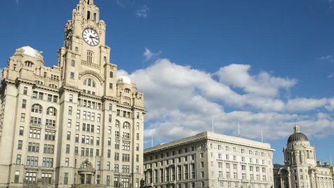 Timelapse of Liver Building, Cunard and Port Authority buildings at Liverpool Pier Head, England