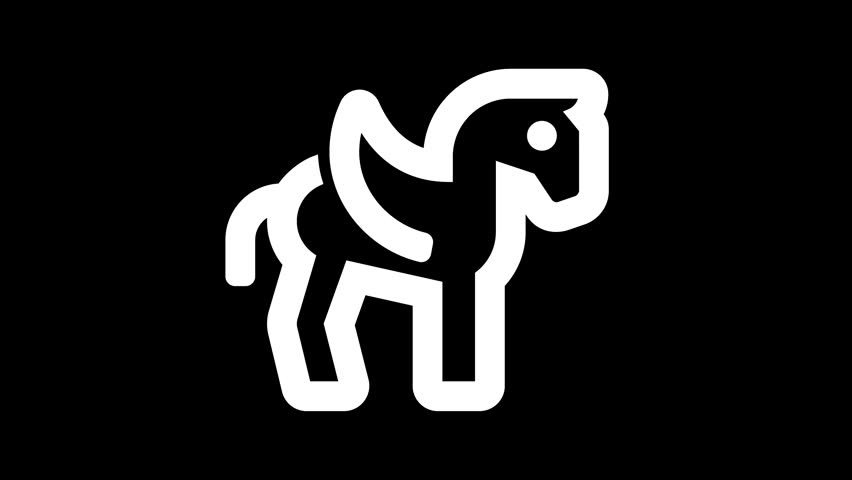 Icon pegasus is distorted. Glitch. Noise, chromatic aberration, geometric distortion. Transparent background, looped. In-Out looped. Alpha BW at the end