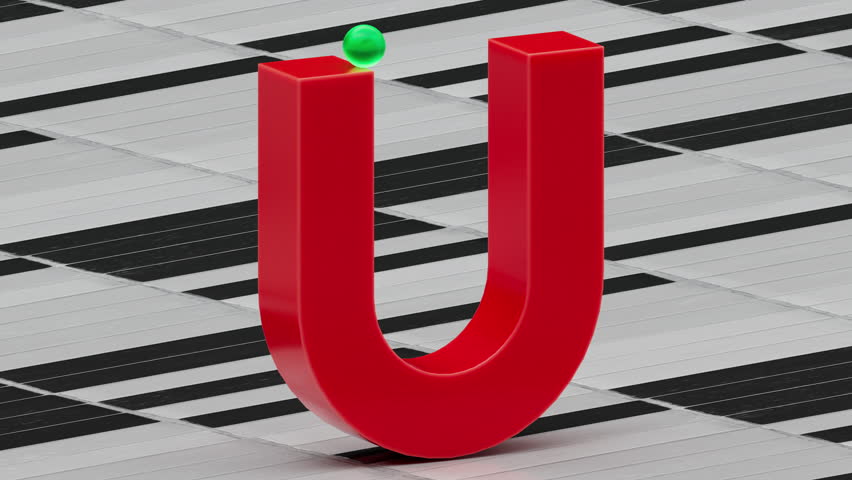Green ball falling and rolling on red U-shaped 3D object, clean geometric animation at 30fps