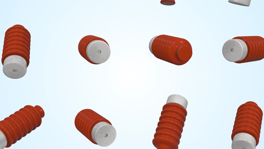 Electrical Insulators Falling on a Light Blue Background. Ceramic Insulator. 4K