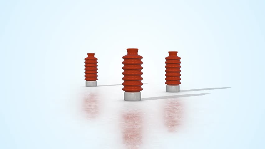 Ceramic Insulators on a Light Reflective Floor. Electrical Insulators 3D. 4K