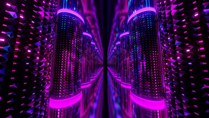 A 3d looping background of purple, blue infinity futuristic tunnel with columns - suitable for the music visual artworks