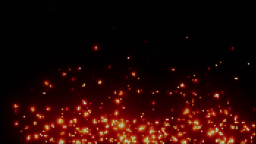 Animation of fire sparkles on black background. Burning in dots or small circles pattern. Pixels for gaming template