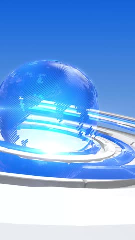 Virtual world news studio background features a rotating globe and sleek blue and white graphics, perfect for conveying a sense of global connectivity and cutting-edge technology. Broadcast news.