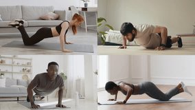 Four diverse people perform various workout routines at home in cozy, well-lit spaces. They focus on strength training and exercise, demonstrating a commitment to fitness and healthy living. - Powered by Shutterstock - Get 15% off with code: PIKWIZARD15