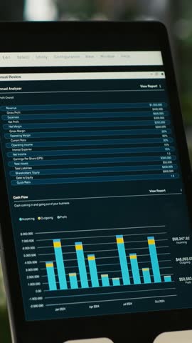 Vertical video Close up of tablet screen on desk displaying financial graphs of company profits performance metrics. Data analytics on device display showing corporate business earnings KPIs