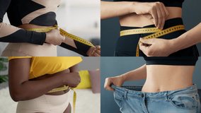 A vibrant collage showcases diverse individuals actively measuring their waistlines while embracing a sporty approach to fitness and healthy living. The setting reflects motivation and wellness. - Powered by Shutterstock - Get 15% off with code: PIKWIZARD15