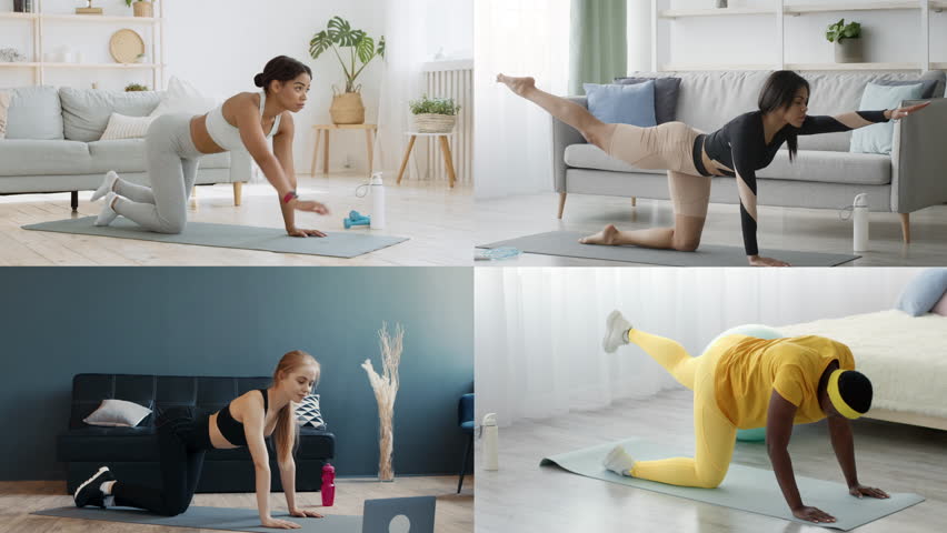 A dynamic collection of people performing various workout routines in a bright and airy indoor space. Each person displays a commitment to fitness through different exercises on yoga mats.