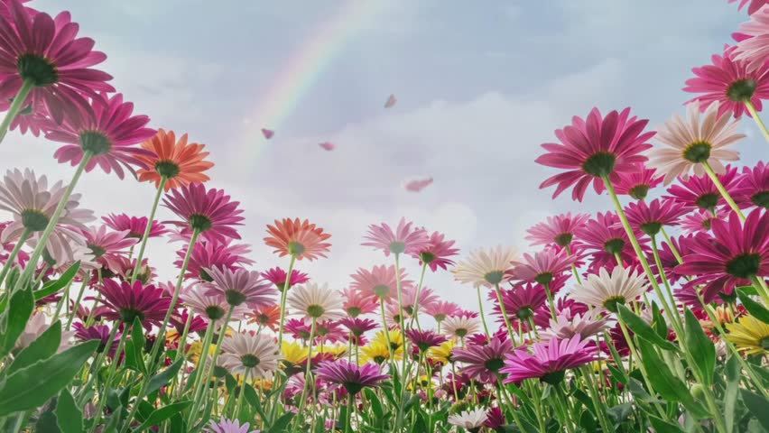 close up of beautiful flower field with butterflies for background, rainbow in the sky for background 