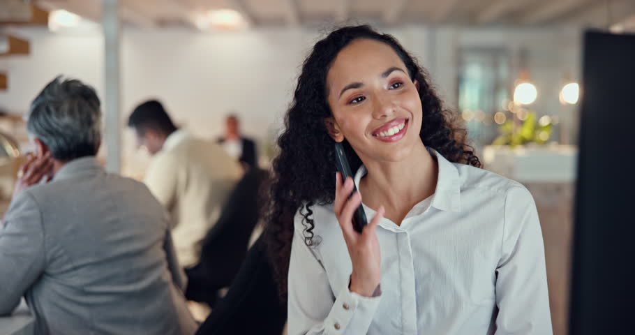 Phone call, advice and night with business woman in office for consulting, client feedback or budget proposal. Communication, contact and networking with employee in agency for conversation and agent