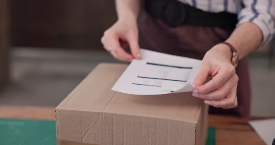 Woman, hands and box with label for logistics, distribution or online shipping at warehouse. Closeup, female person or distributor with packaging, parcel or cargo for invoice or shipment details