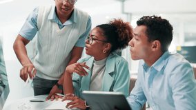 Employees, teamwork and tech for web design in office, discussion and online for programming code. Business people, collaboration and brainstorming for html efficiency, manager helping and support - Powered by Shutterstock - Get 15% off with code: PIKWIZARD15