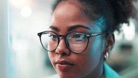Woman, face and programming with glasses on computer for software development, coding or web design at office. Closeup, female person or app developer with sight for cybersecurity or UI maintenance - Powered by Shutterstock - Get 15% off with code: PIKWIZARD15