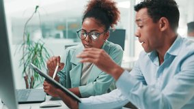 Business, people and planning with tablet in office for stock market research, equity report and discussion. Professional trader, teamwork and talking of currency price, crypto strategy and analysis - Powered by Shutterstock - Get 15% off with code: PIKWIZARD15