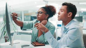 Business people, software developer and writing with computer for UI, UX or app development at office. Businessman, woman or programmers with technology for web design, AI update or problem solving - Powered by Shutterstock - Get 15% off with code: PIKWIZARD15