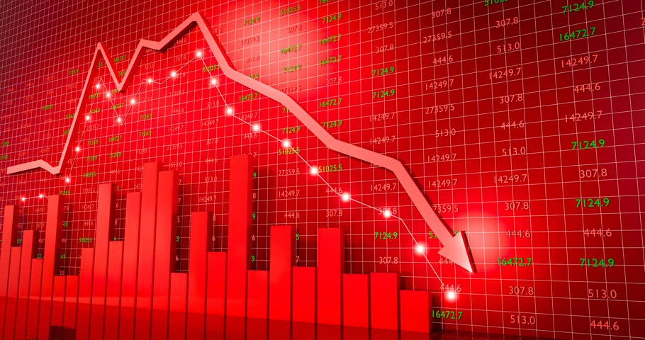 Black Monday or Great Depression. Trade profit in the stock market. The stock price falls, the red graph indicates a loss. Bear market condition, stagnation or falling of market prices. 3D Rendering.