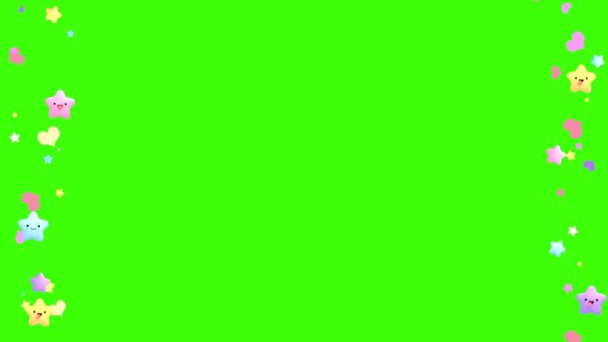 Looped kawaii stars and hearts flying up on green screen background animation. Social media live stream emojis.
