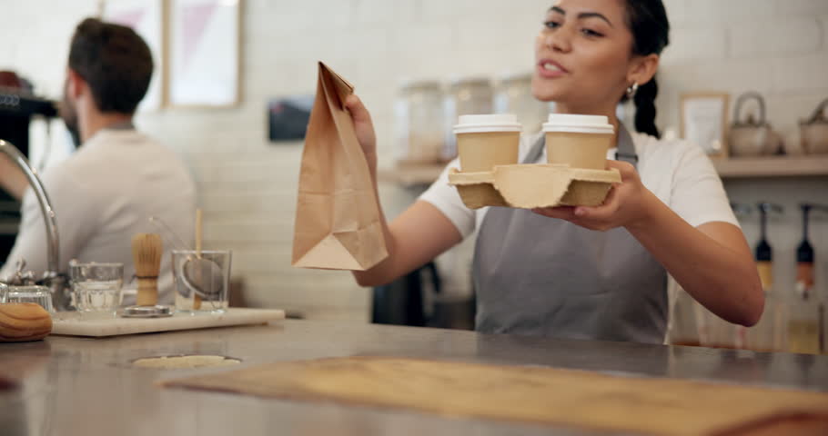 Hands, waitress and giving coffee at cafe with takeaway order, customer service and confirm purchase. Woman, serving espresso and collect beverage, consumer checkout and hospitality industry at store