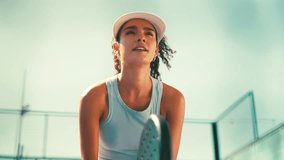 Sports, tennis court and woman with padel for game, match and competition outdoors. Fitness, happy and person with paddle ball for training, exercise and workout for tournament, challenge or practice - Powered by Shutterstock - Get 15% off with code: PIKWIZARD15