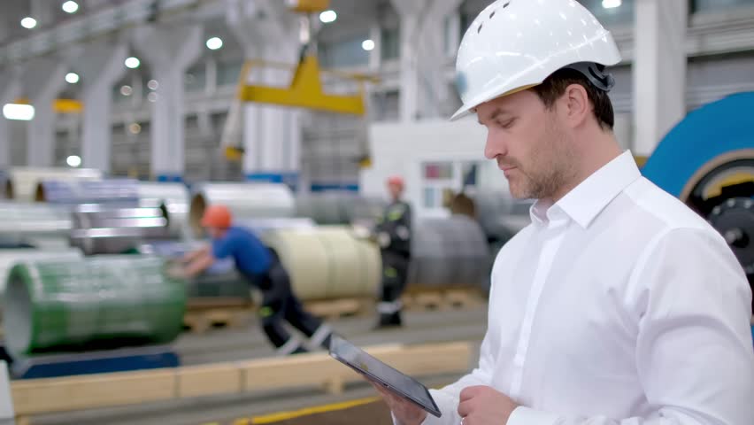 Industrial worker engineer man using tablet inspection factory machine heavy machine produce metal sheets. Industrial steel manufacturing equipment, inspecting production, supervisor in warehouse.
