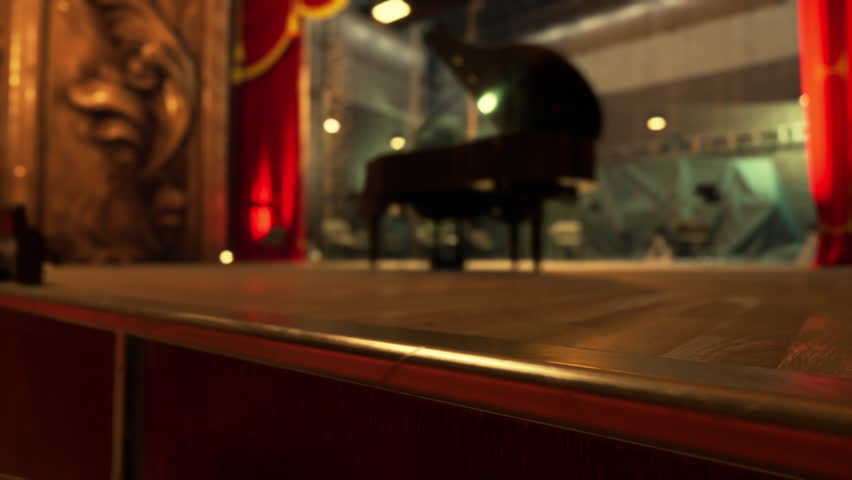 The elegant opera stage features a classic grand piano at the center, surrounded by warm lighting and a rich backdrop, creating an inviting atmosphere for a performance.
